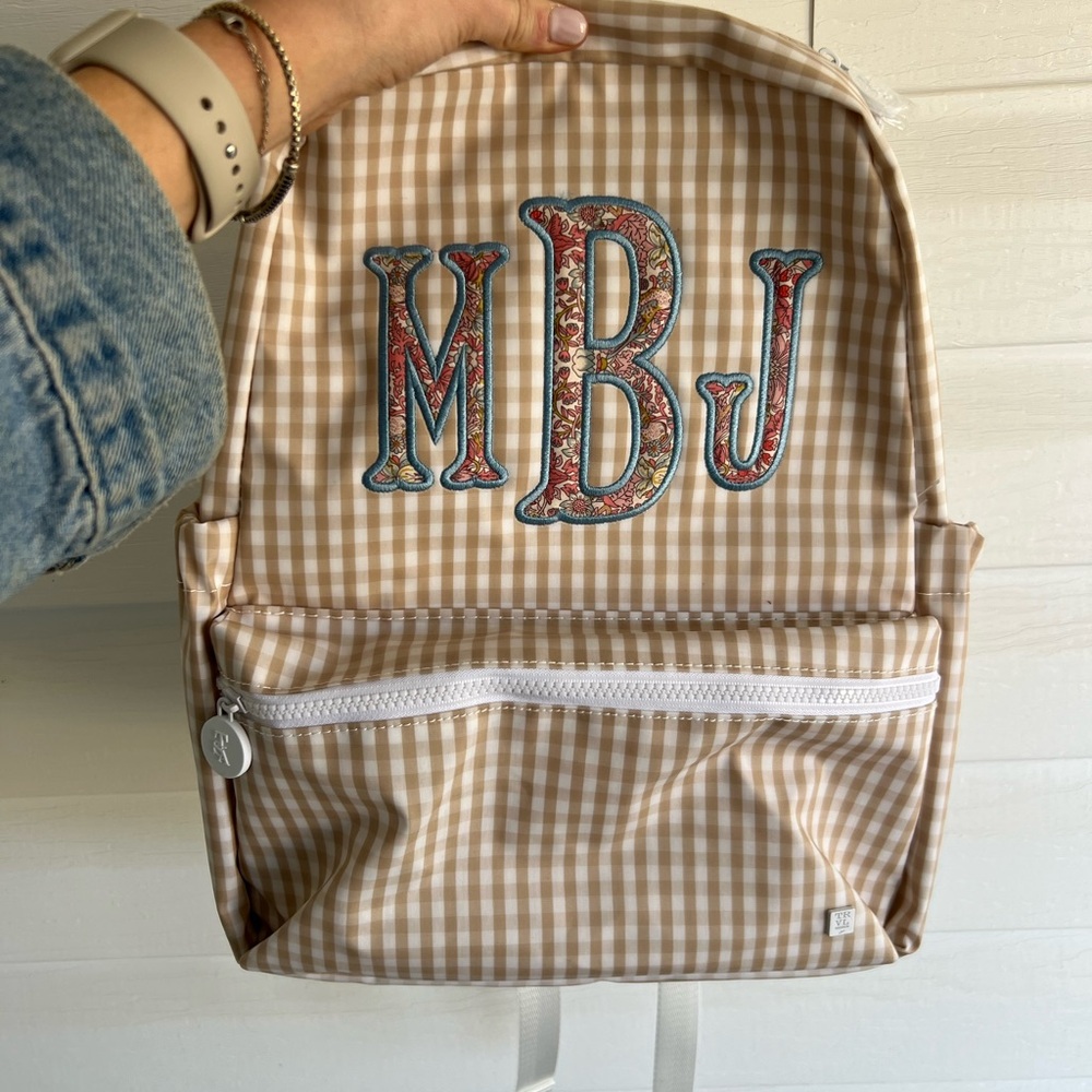 TRVL Tan Gingham Backpack with “MBJ” Monogram